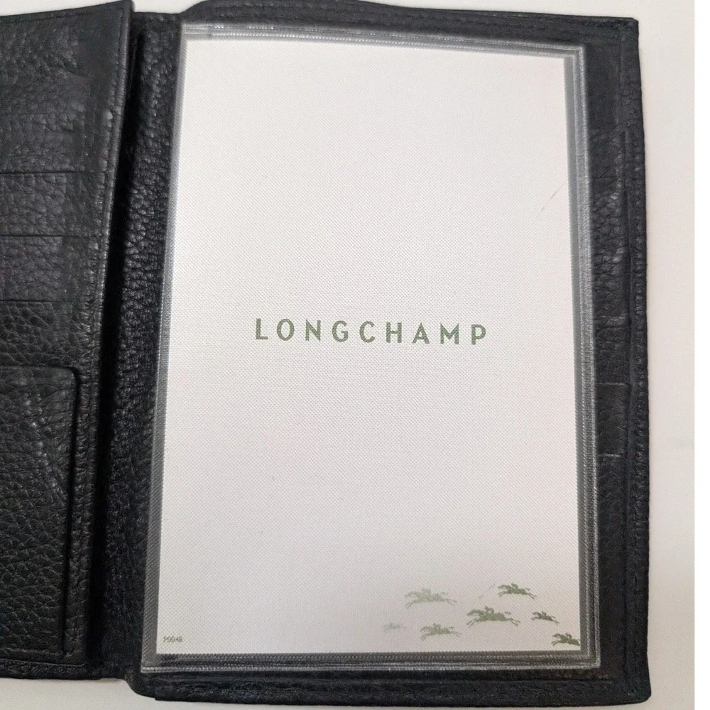 Longchamp Large‎ Mens Black Pebbled Leather Trifold Wallet & Passport w Box